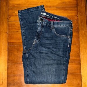 Eddie Bauer Blue Boyfriend Jeans with plaid flannel lining: women’s size 12